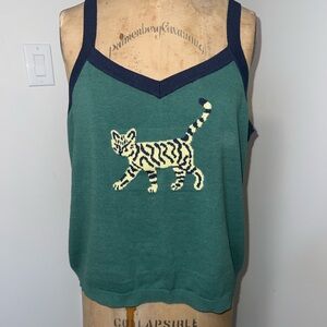 Modcloth Green Knit Cat Tank with Navy Trim